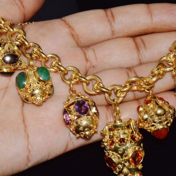 Estate Italian Etruscan Solid 18K Gold Citrine Turquoise Charm Fob Bracelet - Picture 13 of 14